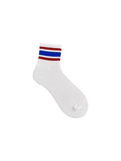 4 Pairs Men‘s Crew White Socks With Red And Blue Stripes