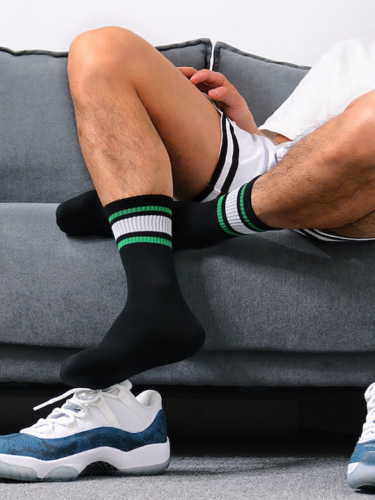 2 Pairs Of Men's Black Crew Socks With White And Green Stripes