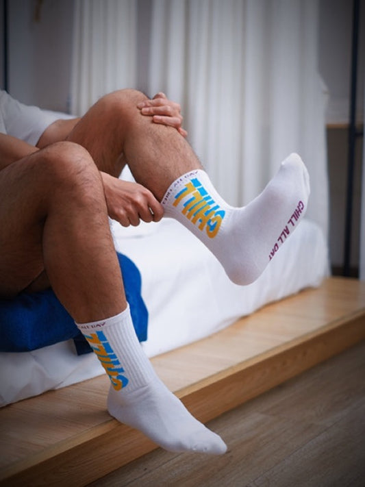 Chill All Day White Crew Socks For Gay Male Sock Worship