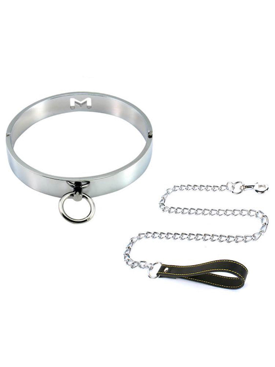 M Logo Stainless Steel Collar With Chain For Gay Men In BDSM