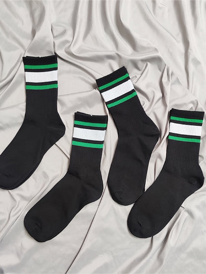 2 Pairs Of Men's Black Crew Socks With White And Green Stripes