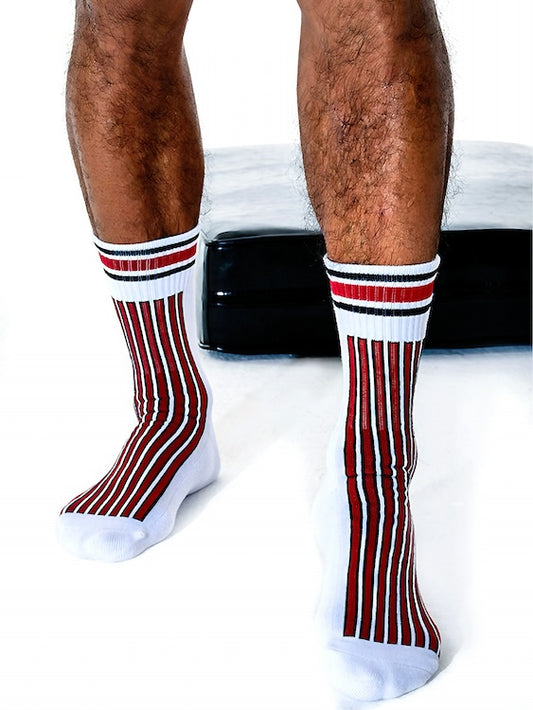 Men's Thick Crew Socks with Black and White Vertical Stripes