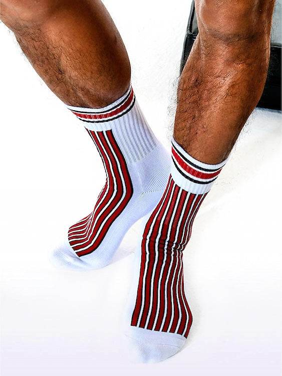 Men's Thick Crew Socks with Black and White Vertical Stripes