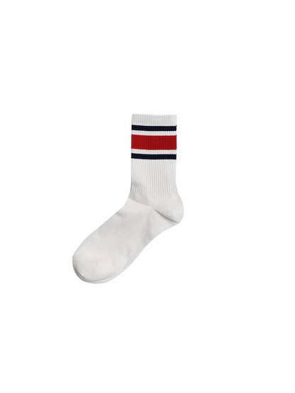 2 Pairs Of Men's White Crew Socks With Black And Red Stripes