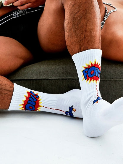 Men's White Crew Socks with Fighter Aircraft Print