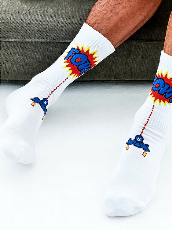 Men's White Crew Socks with Fighter Aircraft Print