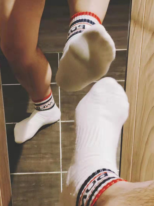 White Crew Socks with Stripe and Power Prints