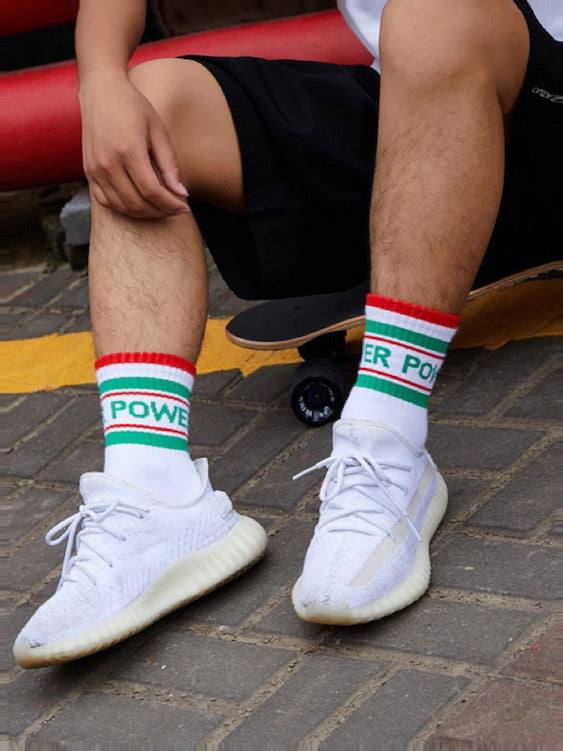 White Crew Socks with Stripe and Power Prints