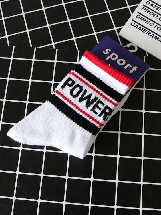 White Crew Socks with Stripe and Power Prints