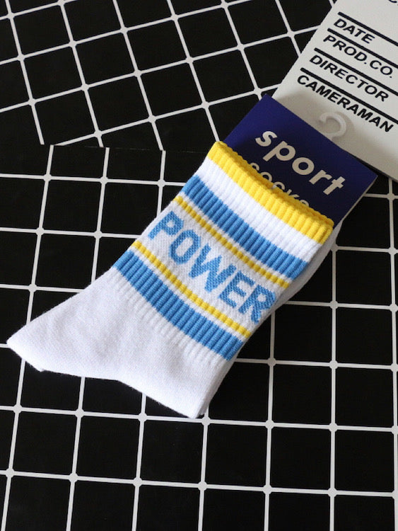 White Crew Socks with Stripe and Power Prints