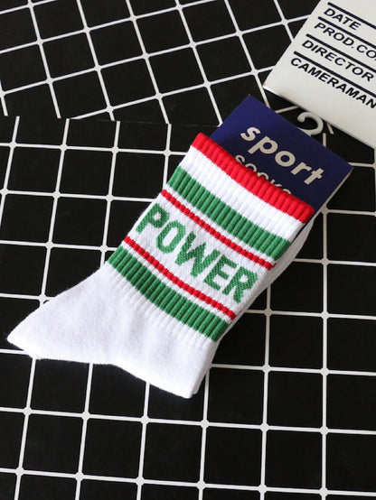 White Crew Socks with Stripe and Power Prints