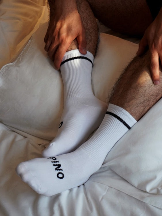 Seductive White Cotton Crew Socks for Gay Men On Feet