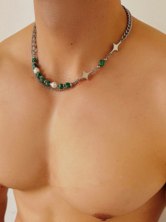 Black Striped Green Turquoise Starry Layered Necklace for Men