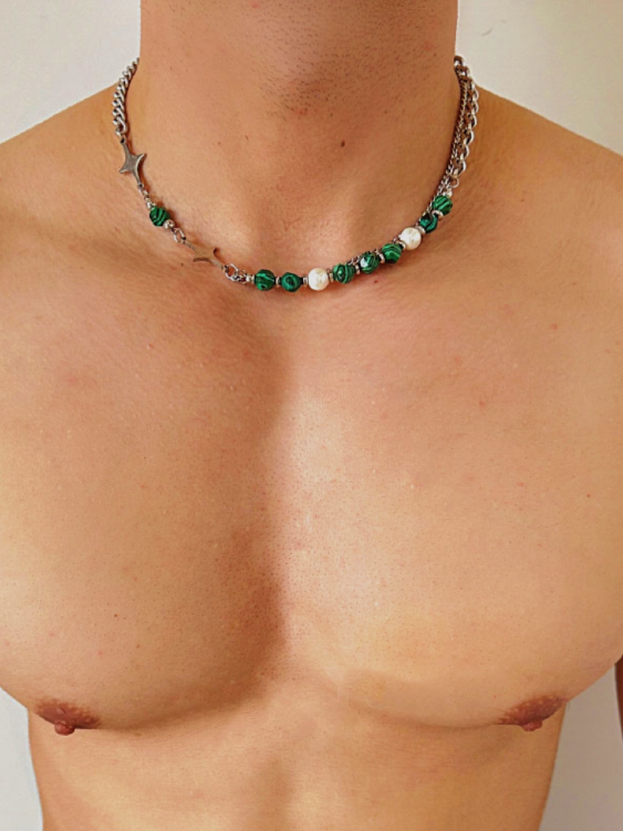 Black Striped Green Turquoise Starry Layered Necklace for Men