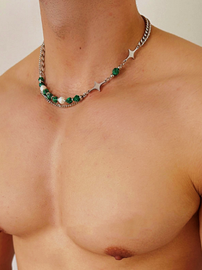 Black Striped Green Turquoise Starry Layered Necklace for Men